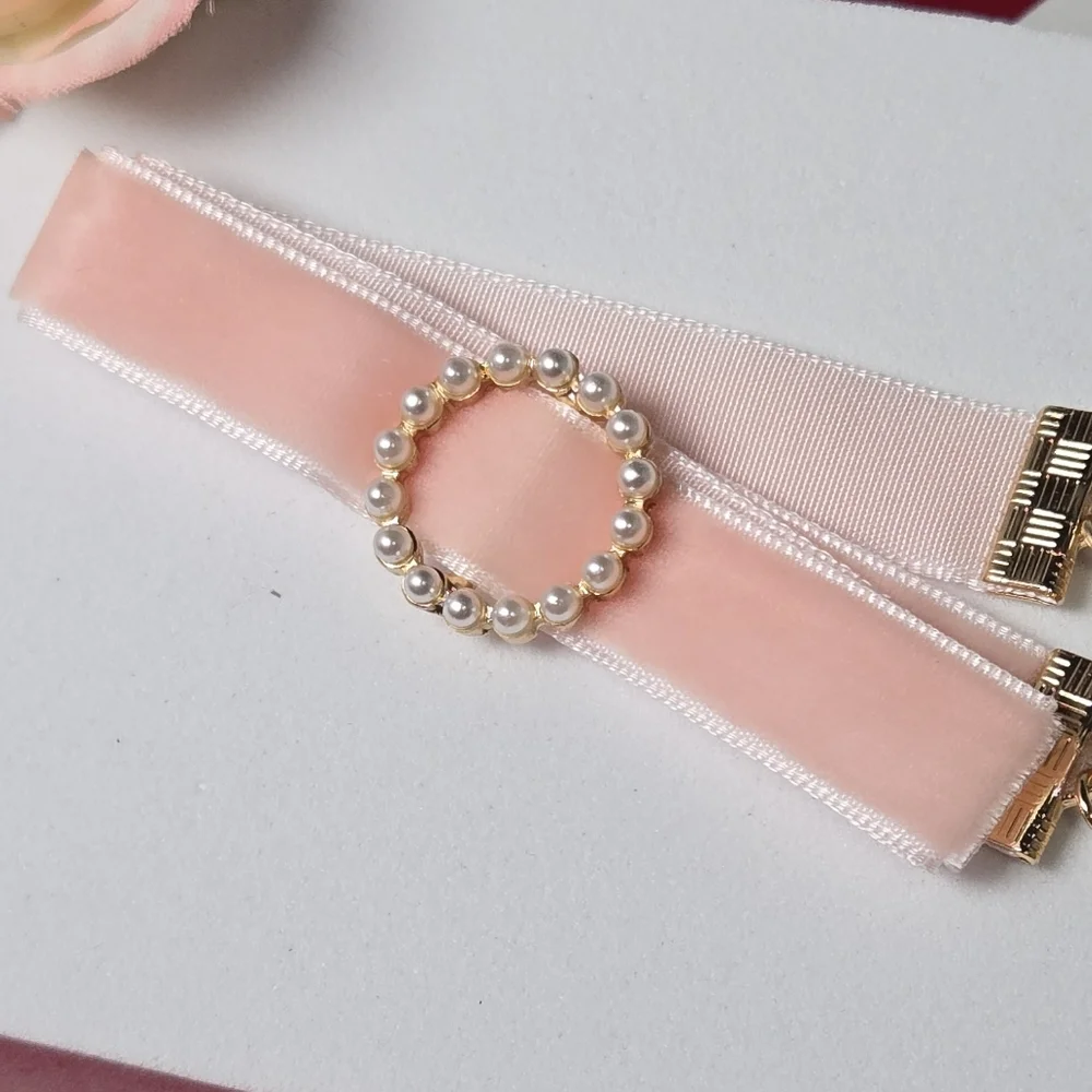 Pink Velvet Pearl Choker Necklace Romantic Coquette Feminine Soft Glam Summer